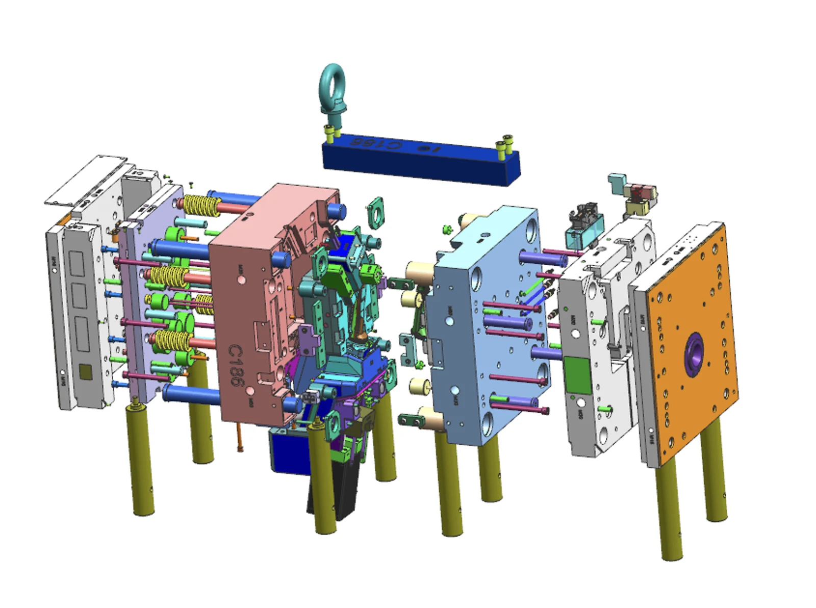Complex multi-slide injection mold for a V8 engine oil separator